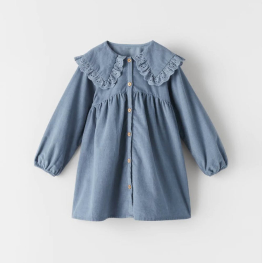 FINE-WALED CORDUROY DRESS WITH EMBROIDERED COLLAR